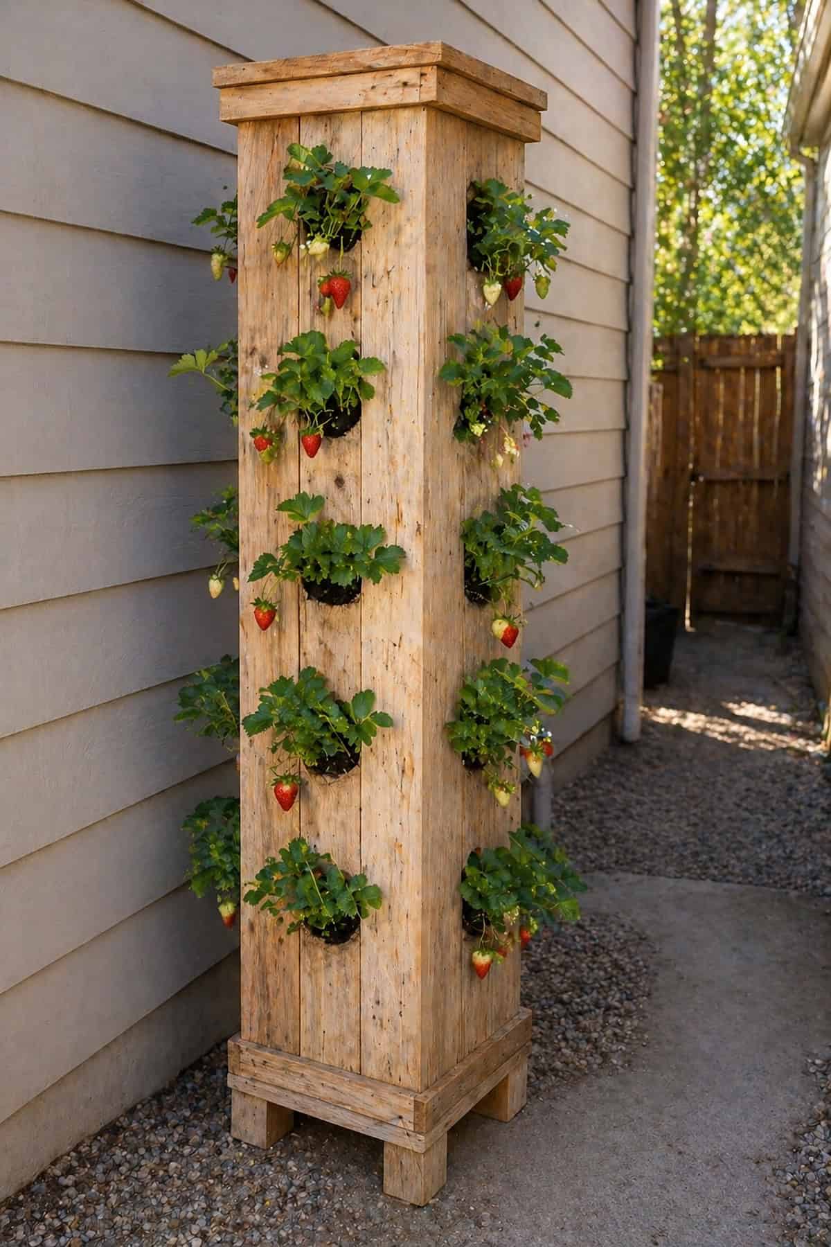 Wooden Vertical Strawberry Tower from Reclaimed Boards