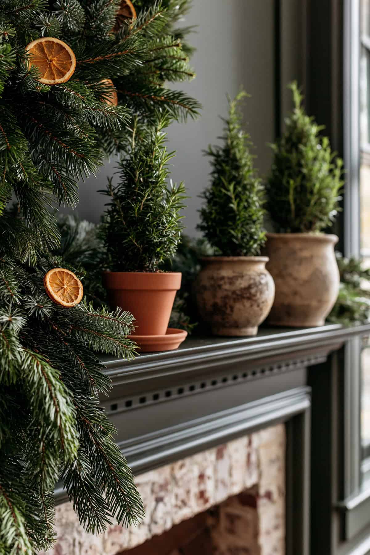 Asymmetrical Pine Garland With Potted Rosemary Trees