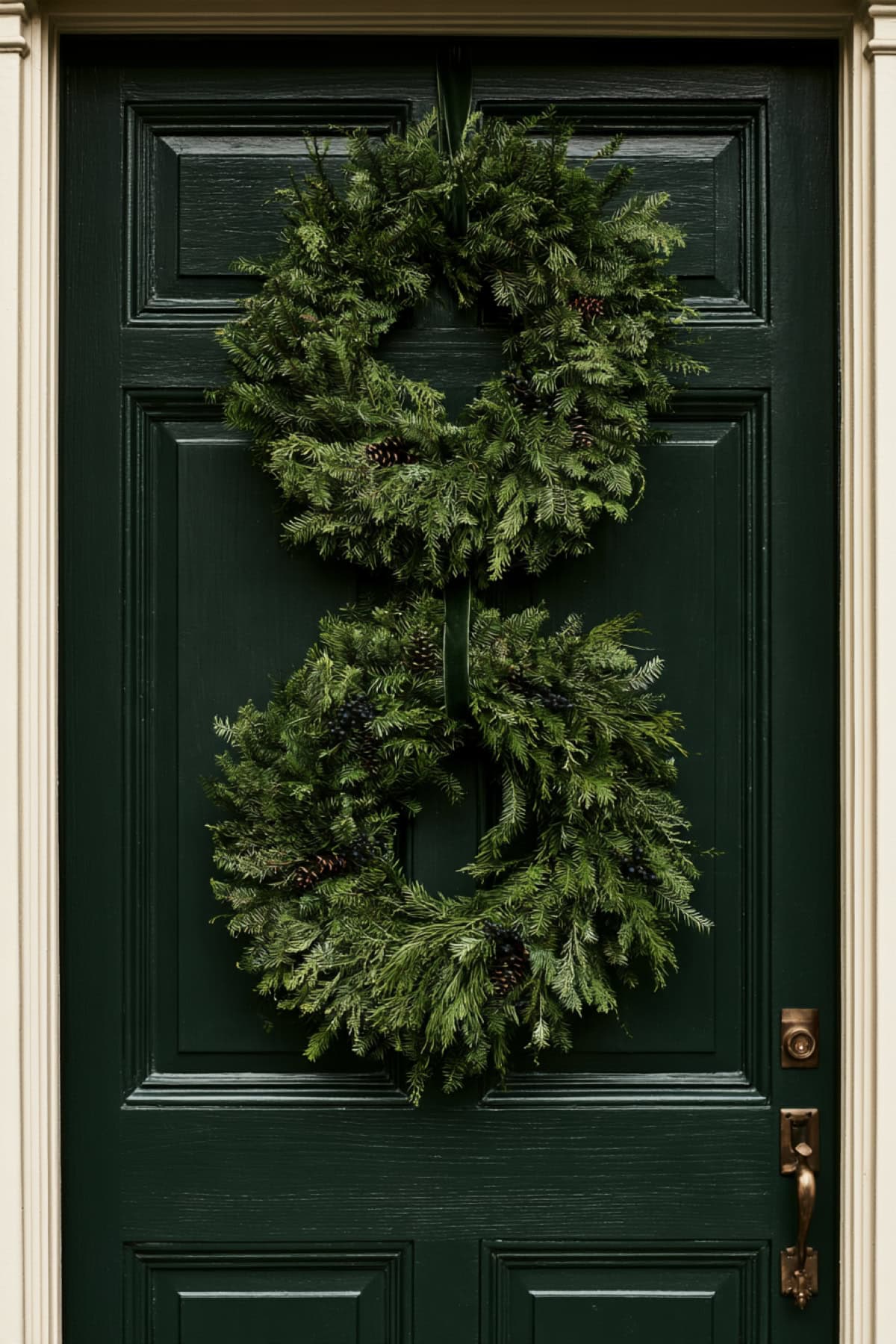 Deep Green Door With Layered Greenery Wreaths