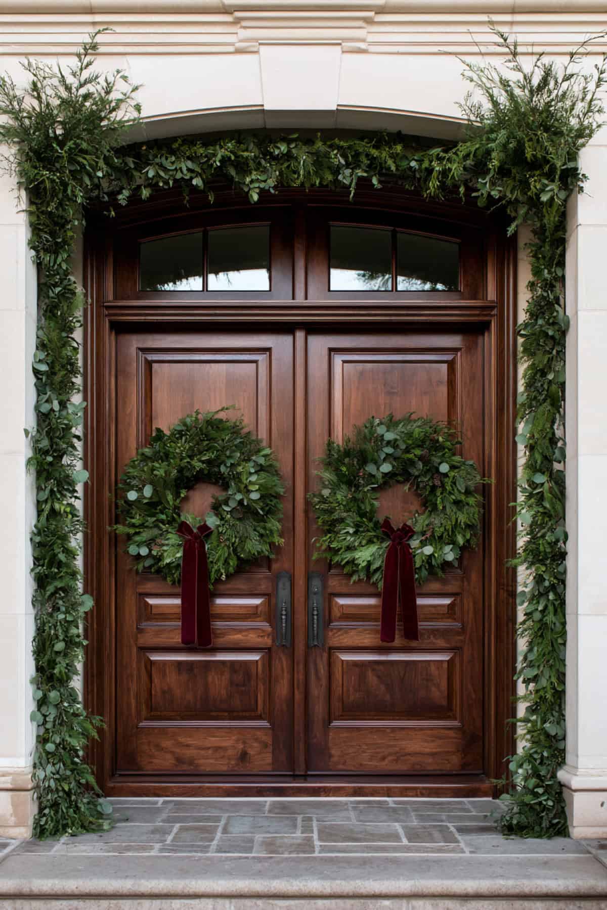 Double Front Doors With Matching Greenery Wreaths