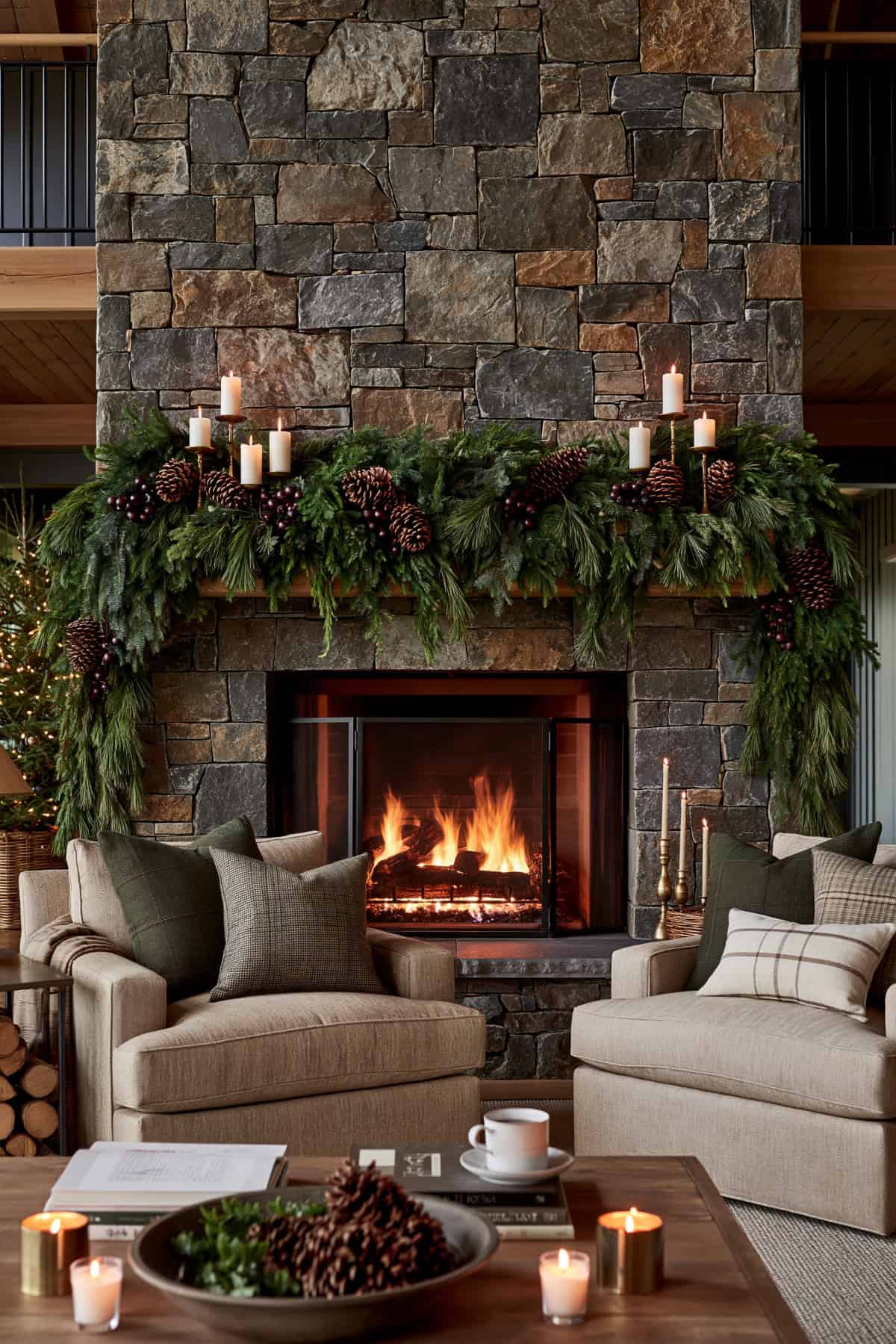 Evergreen Garland Around A Stone Fireplace