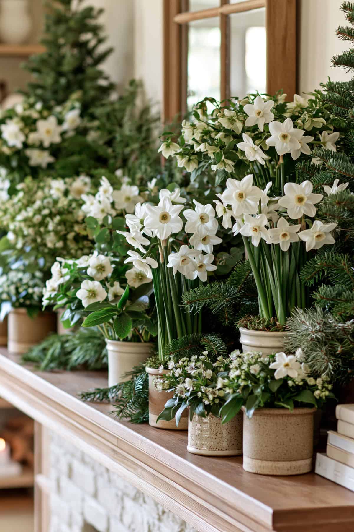 Green And White Mantel With Paperwhites And Hellebores