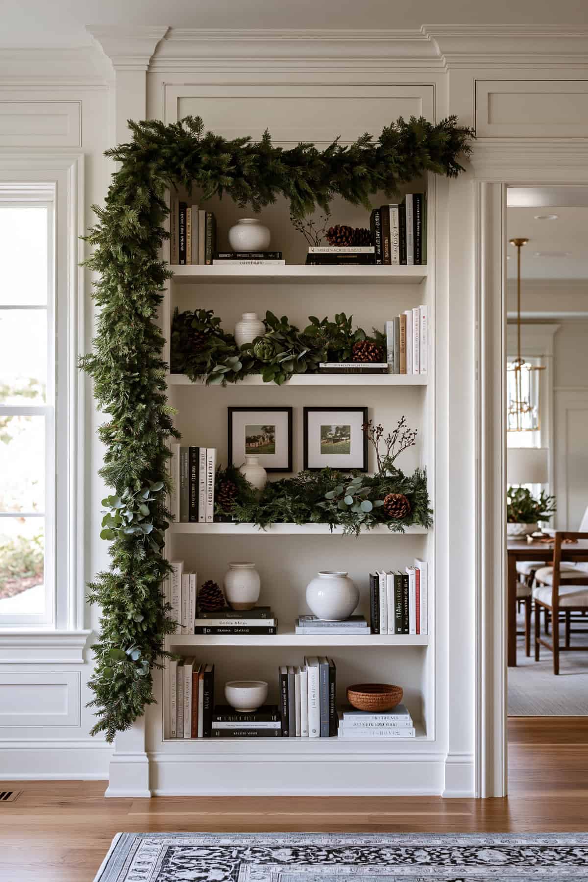 Greenery Garland Across A Built-In Bookshelf