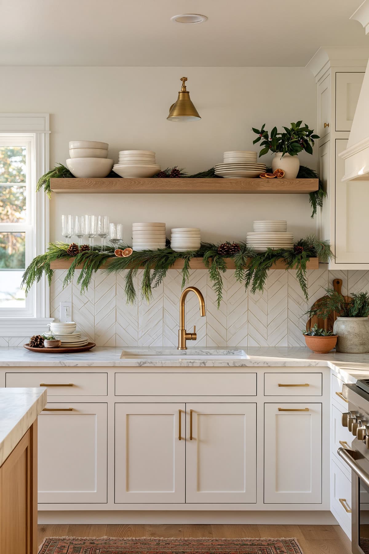 Greenery Garland Across Open Kitchen Shelves