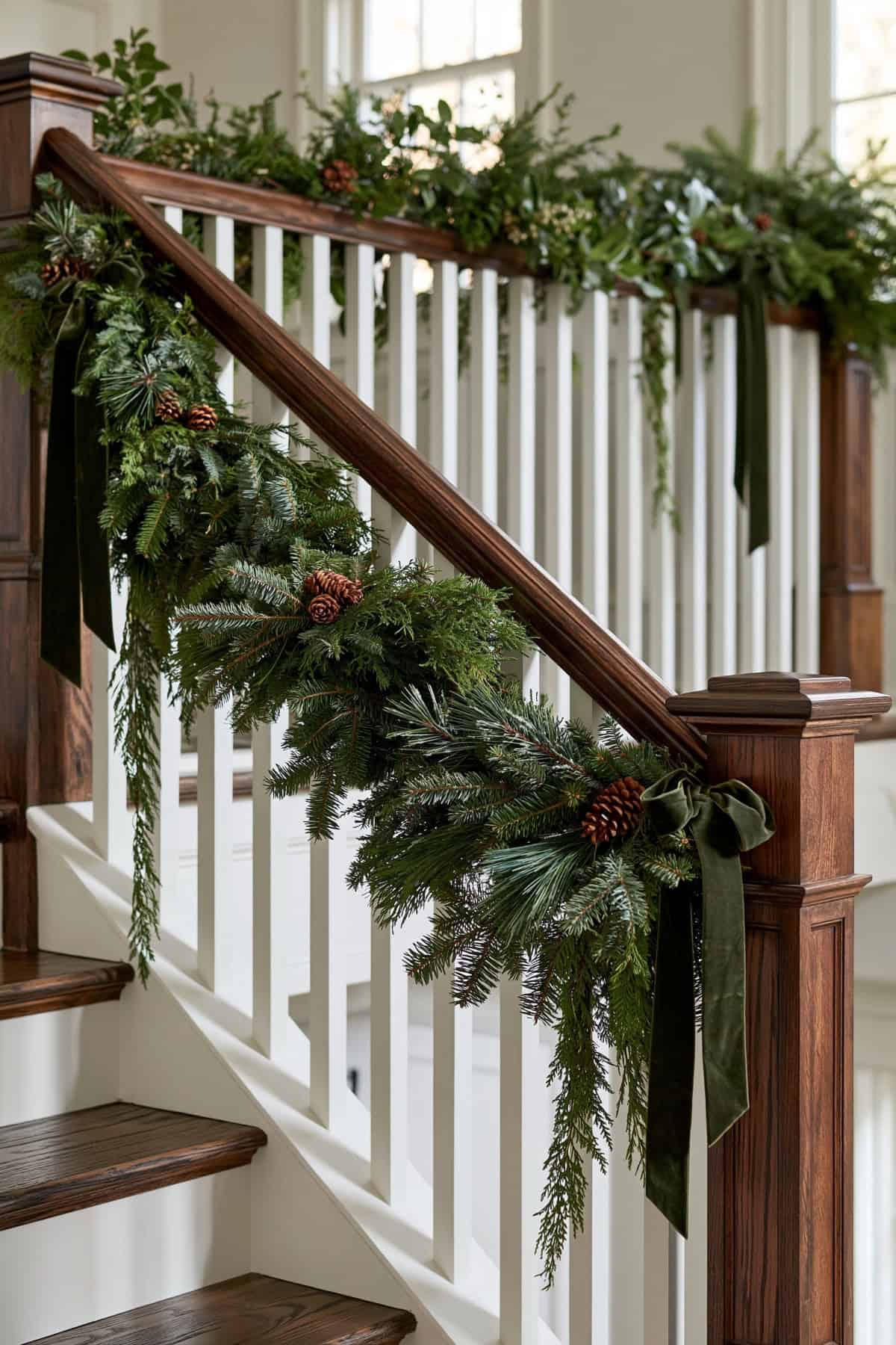 Greenery Garland Along A Stair Landing Railing