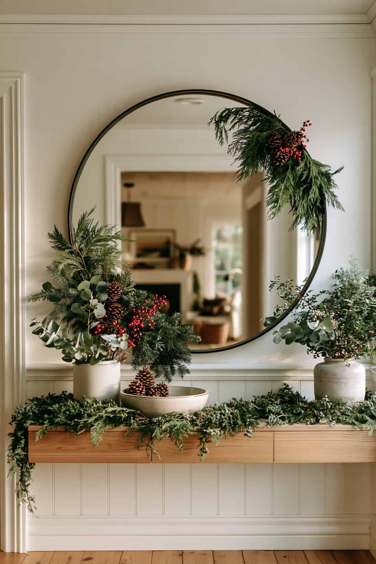 Greenery Garland Around A Round Entry Mirror