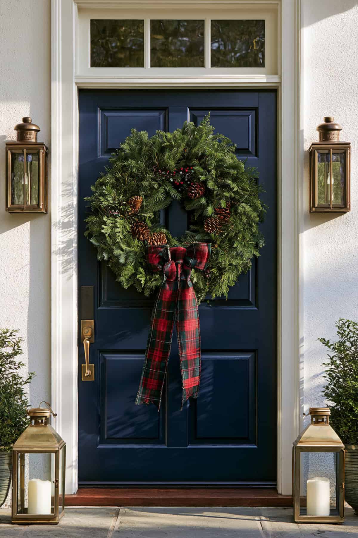 Greenery Wreath With Long Plaid Ribbon Tails