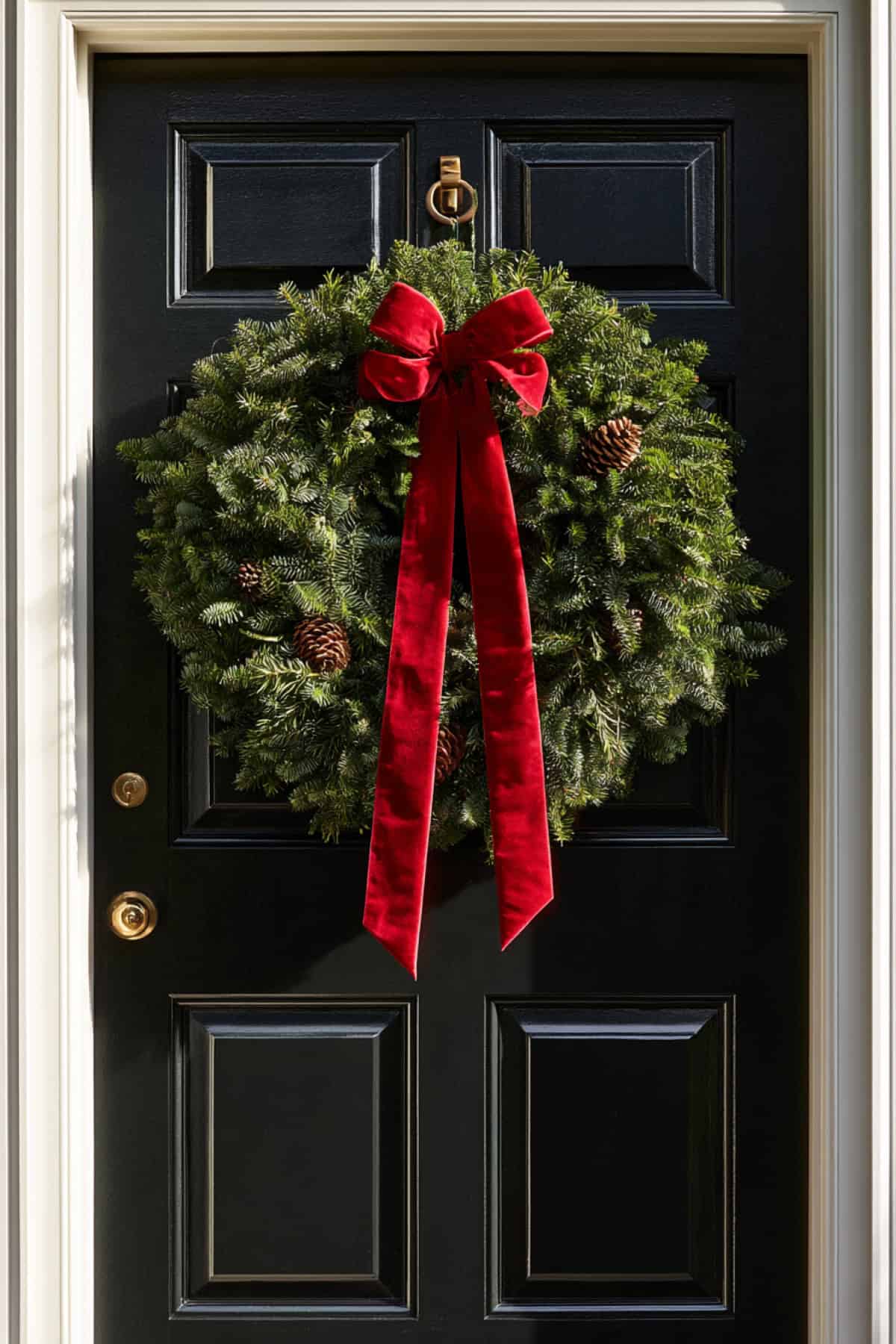 Greenery Wreath With Long Red Velvet Ribbon