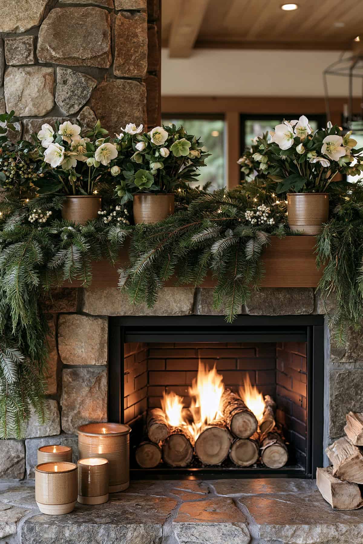 Hanging Cedar Garland With Potted Hellebores