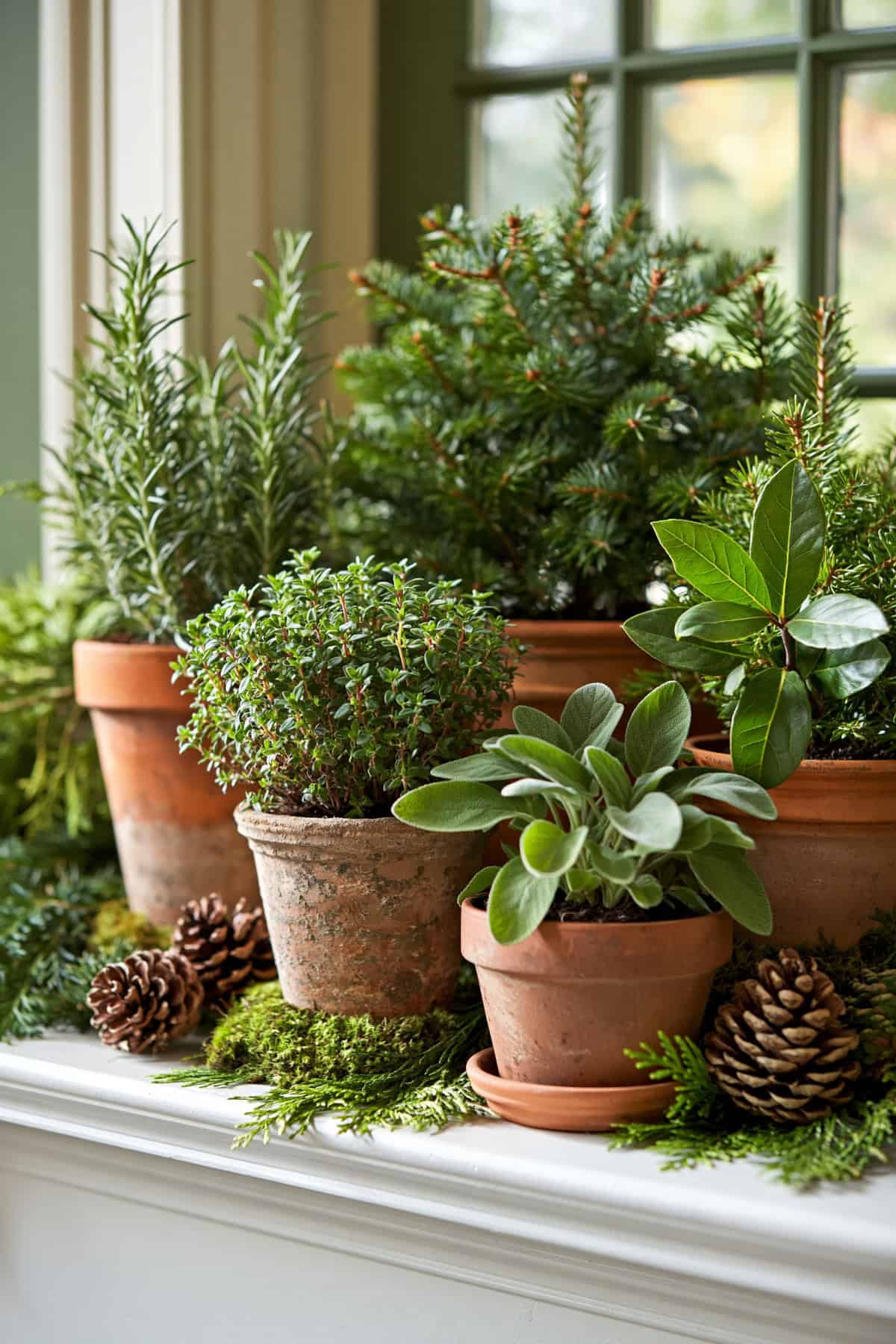 Herb Garden Mantel With Evergreen Cuttings