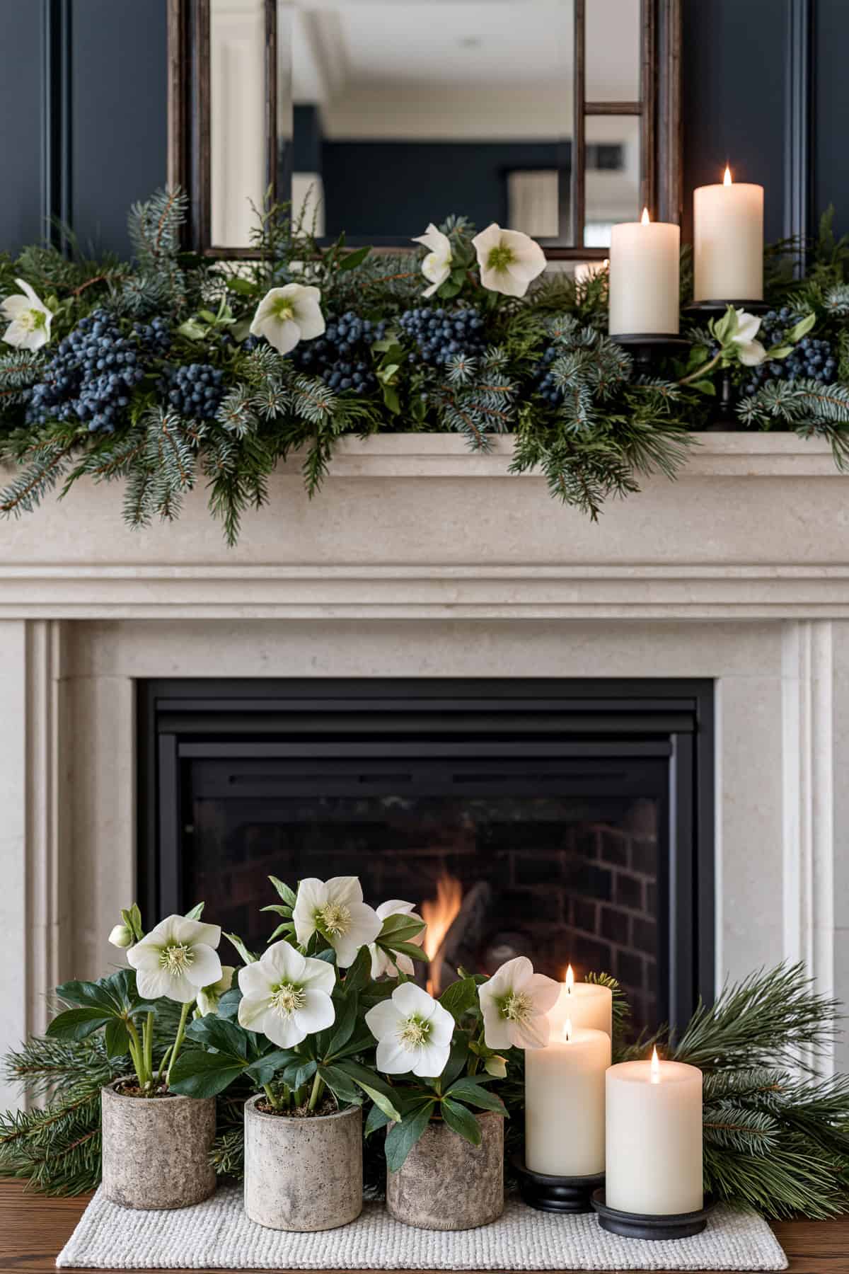 Juniper Berry Mantel With White Hellebores