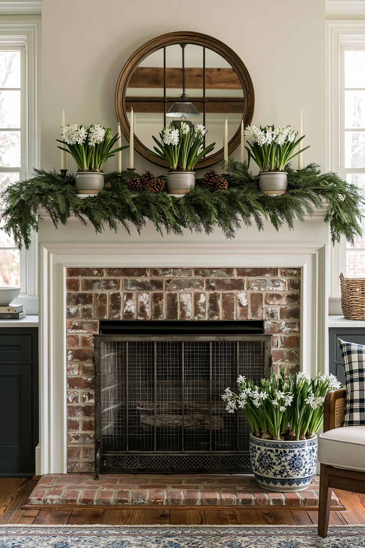 Layered Cedar Garland With Potted Paperwhites