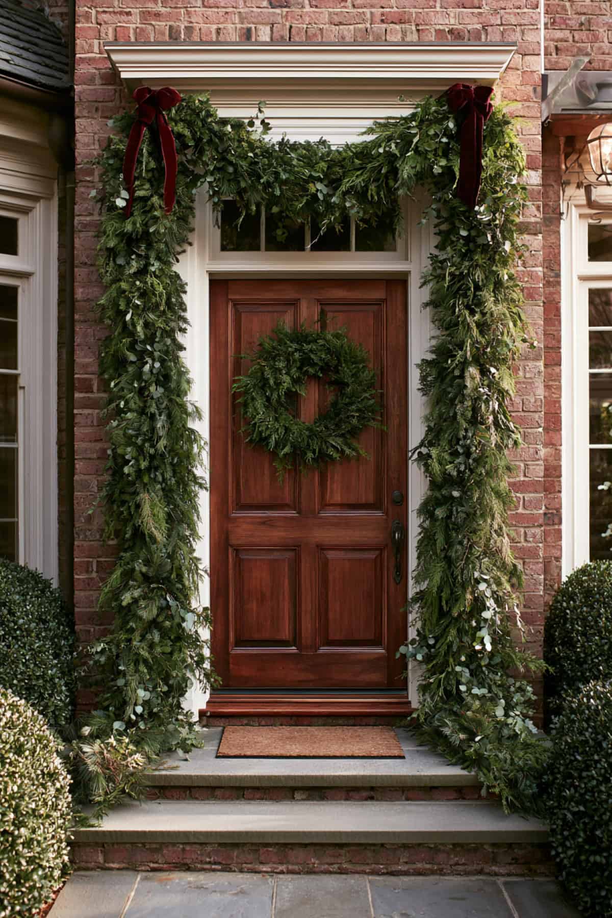 Long Cedar Swags On Both Sides Of The Door