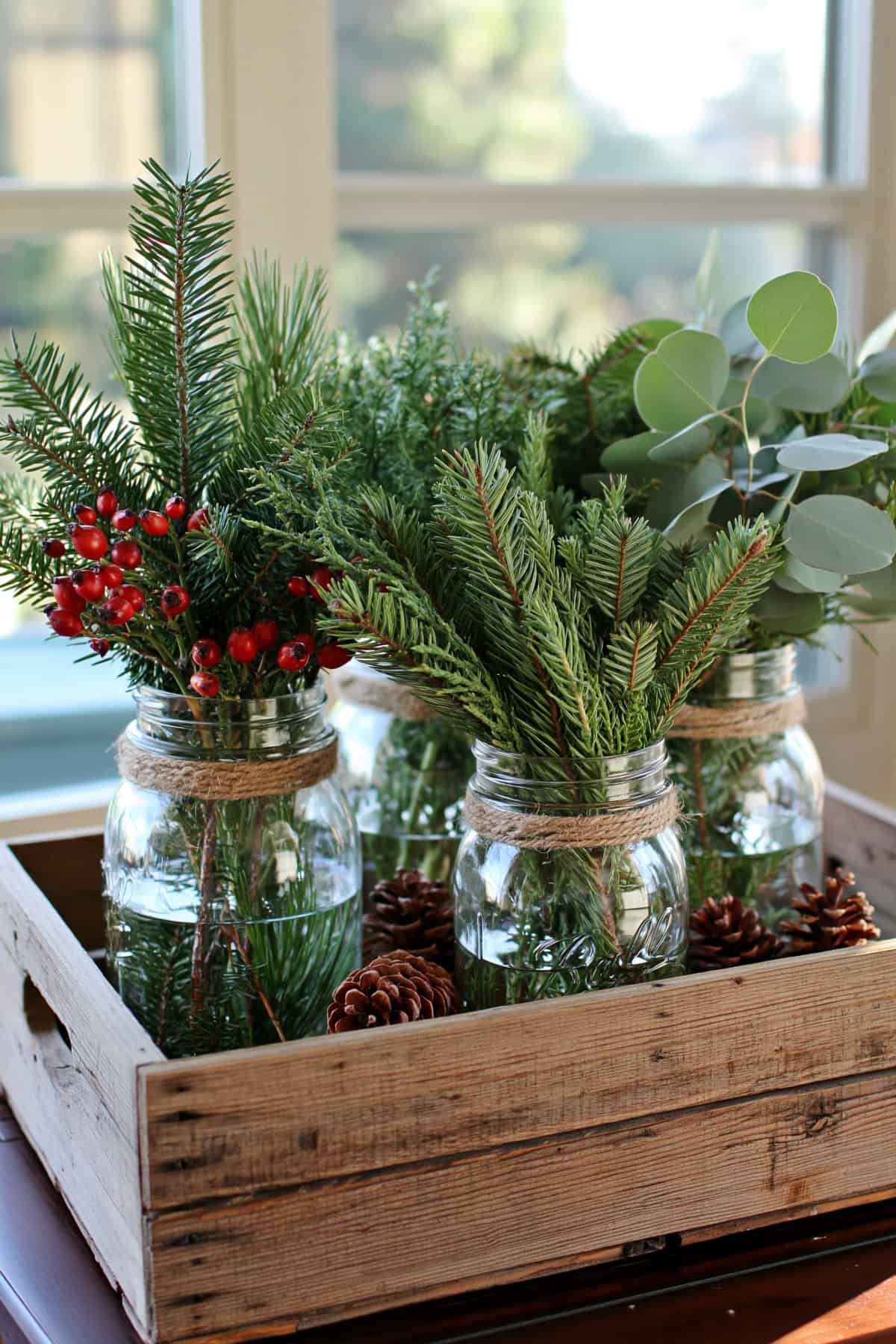 Mason Jar Cluster Inside A Wooden Box