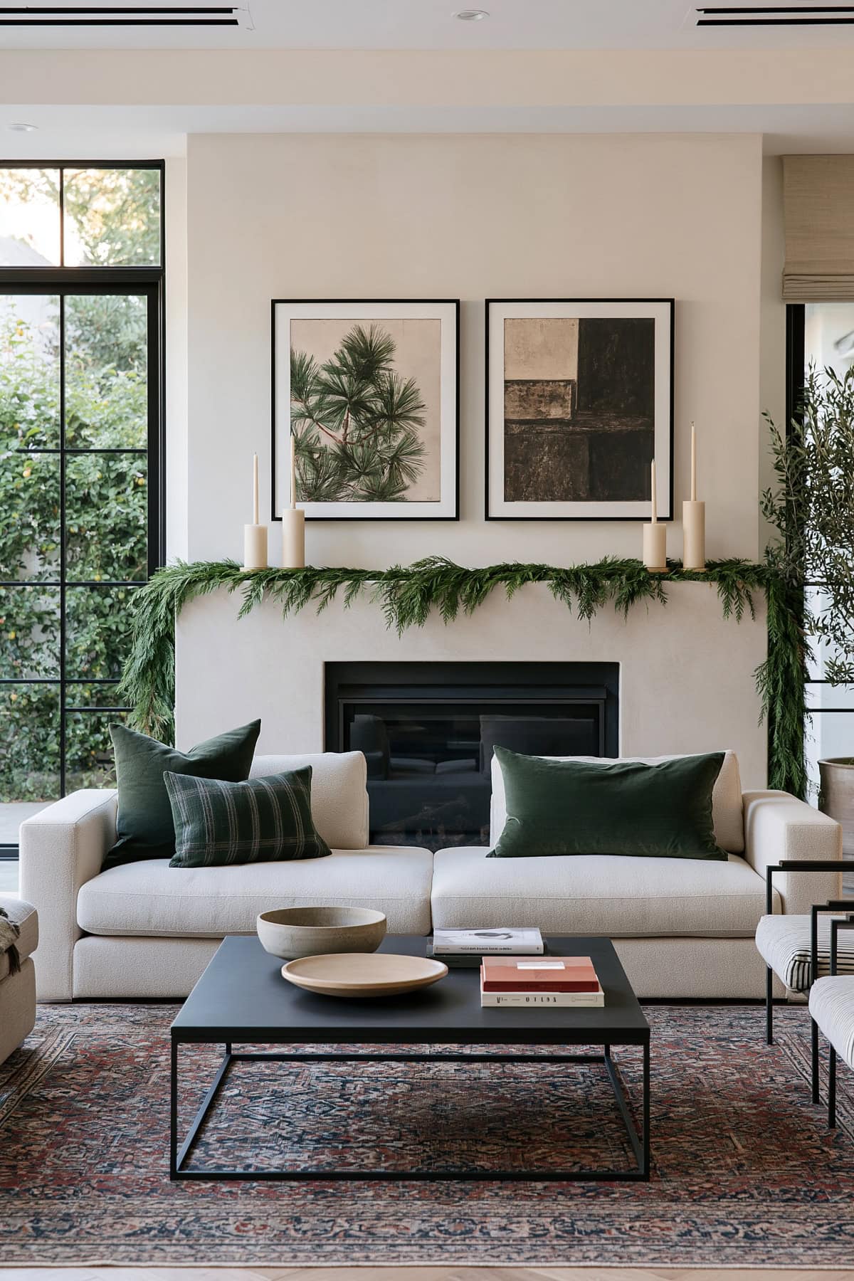 Minimal Cedar Garland Across A Modern Fireplace