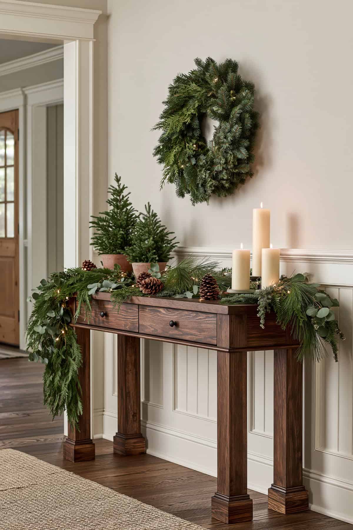 Natural Greenery Garland Along A Console Table