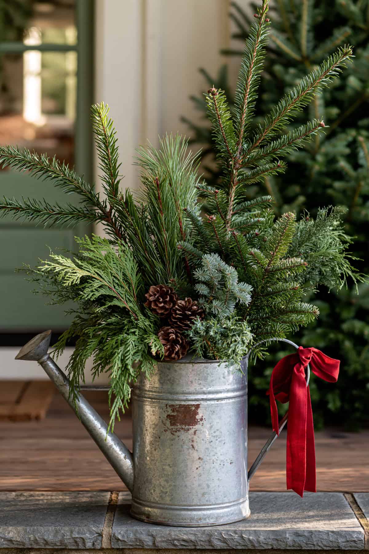 Old Watering Can Evergreen Arrangement