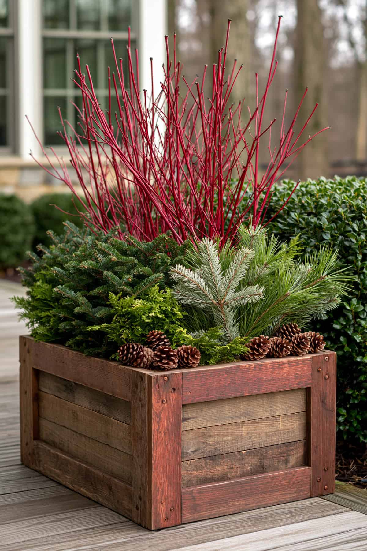 Reclaimed Wood Box With Red-Twig Branches