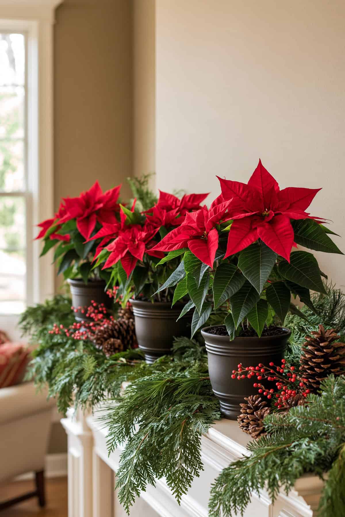 Red Poinsettias Among Fresh Cedar Greenery