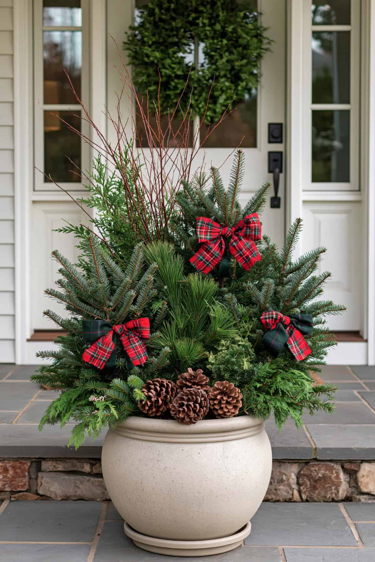 Scrap Ribbon And Evergreen Planter