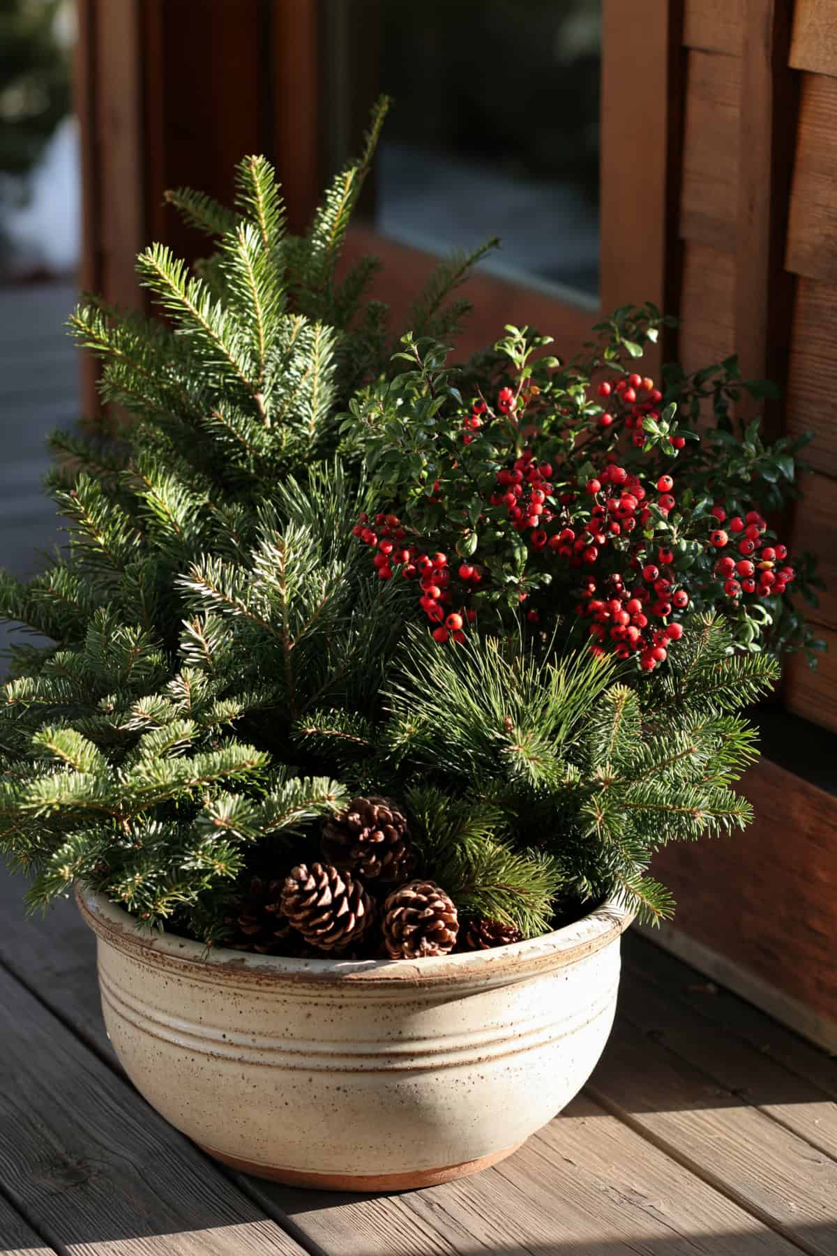 Thrifted Crock With Fresh Evergreen Branches