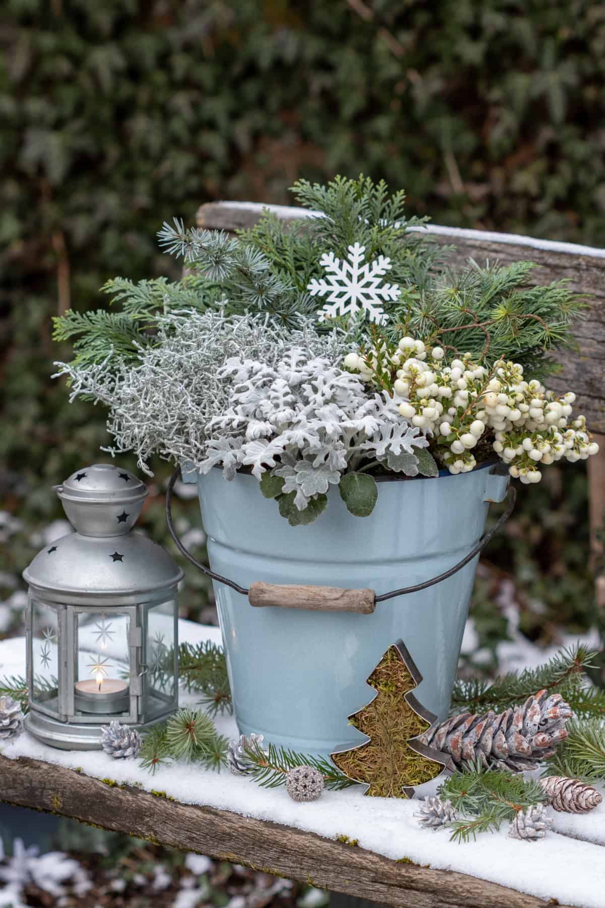 Thrifted Metal Bucket Evergreen Planter
