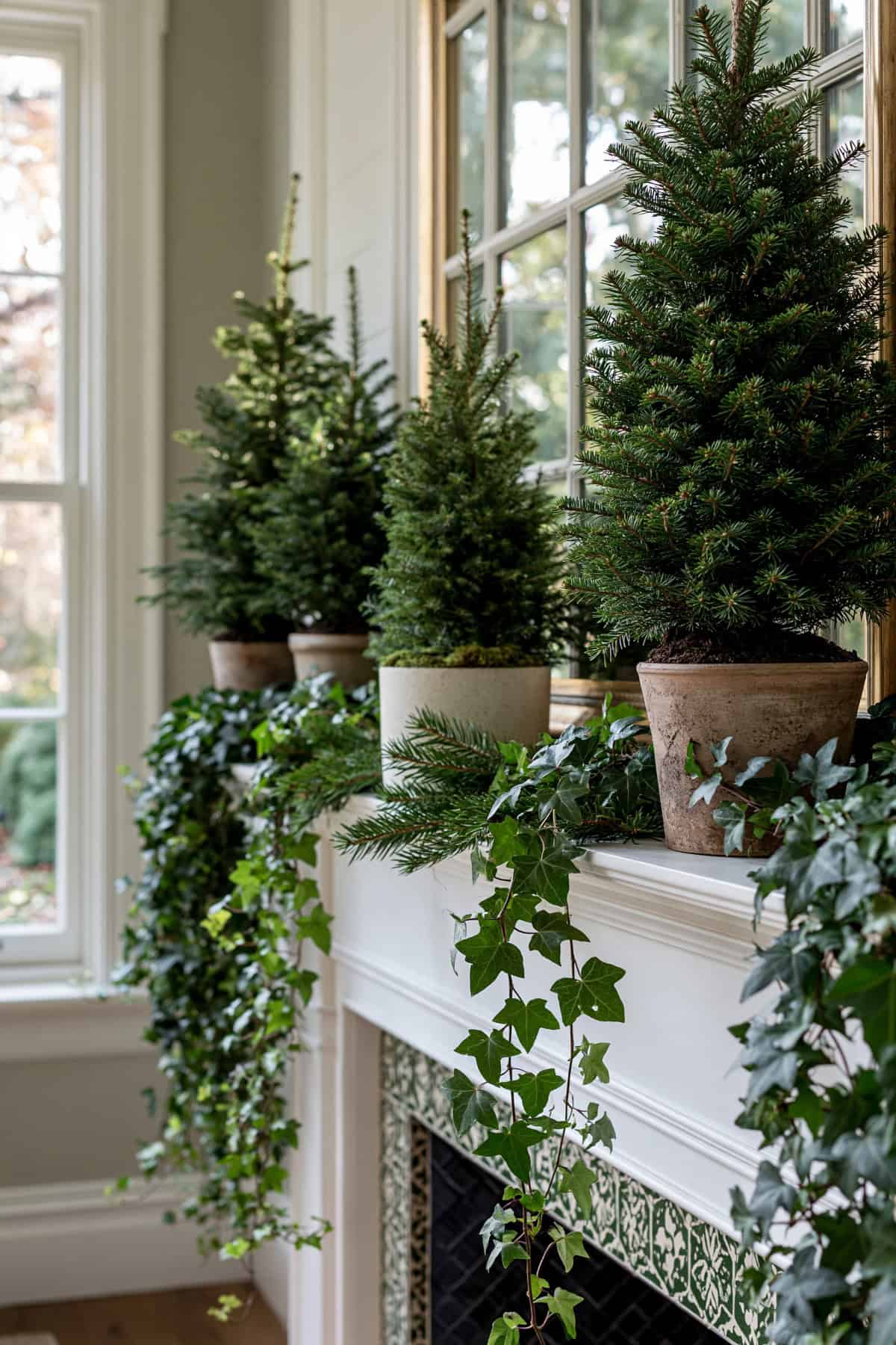 Trailing Ivy Mantel With Miniature Spruce Trees