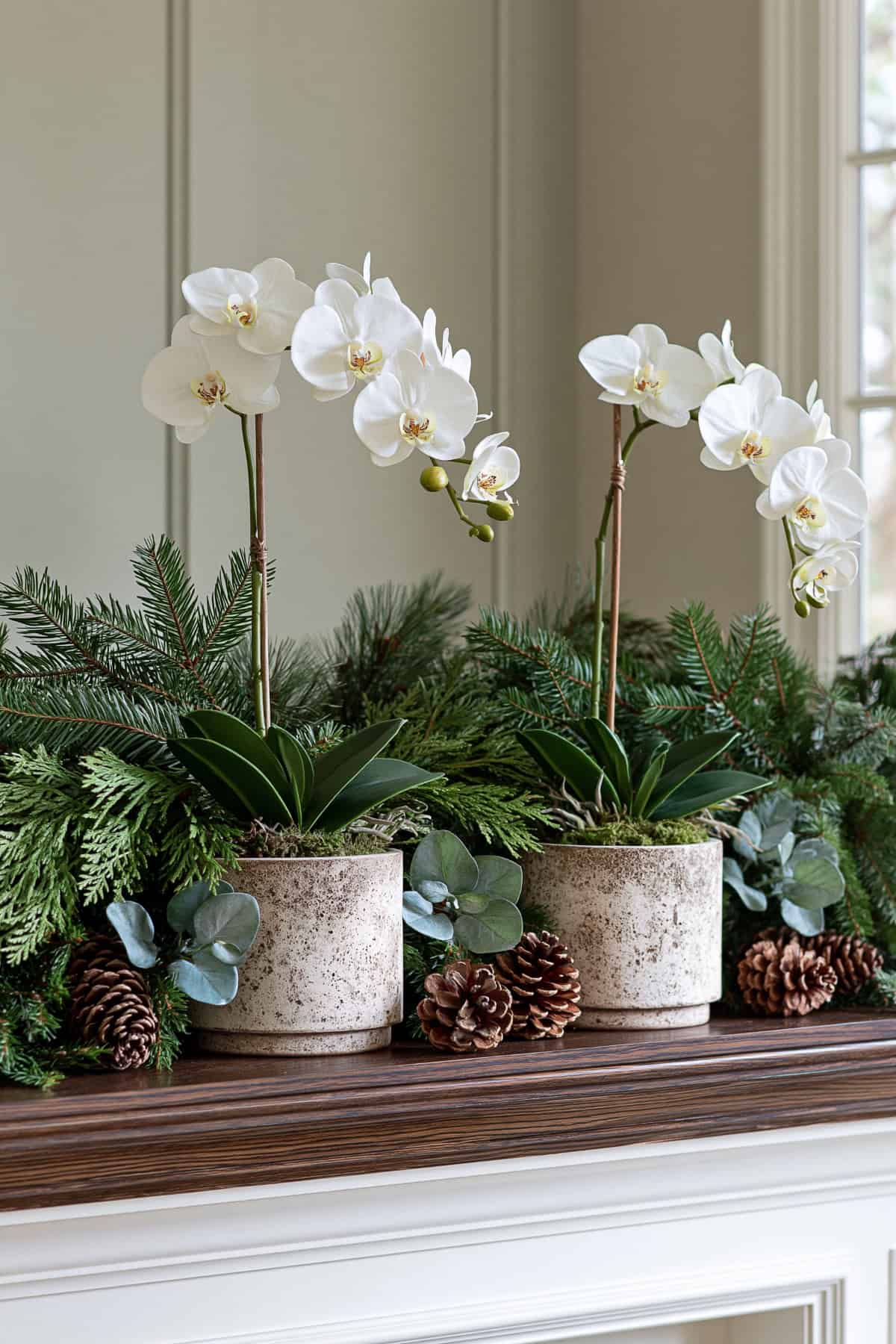 White Orchid Christmas Mantel With Evergreen Foliage
