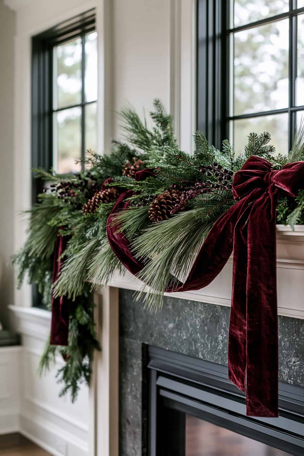 White Pine Garland With Burgundy Velvet Ribbon