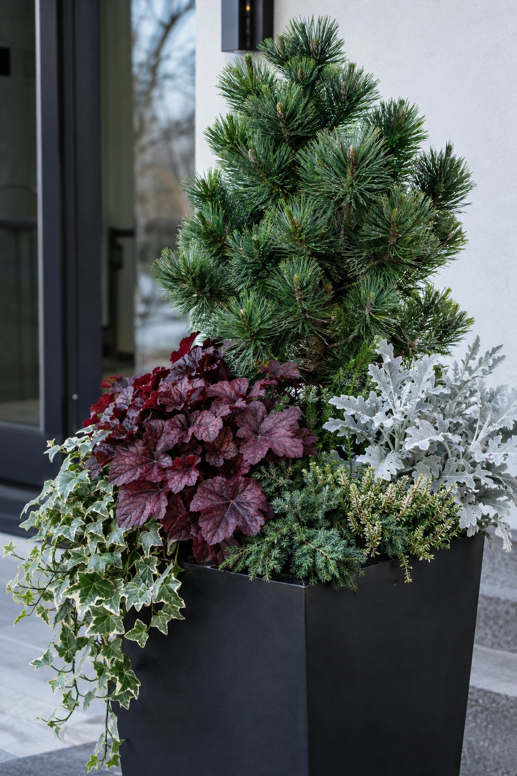 Dwarf Pine With Burgundy And Silver Foliage