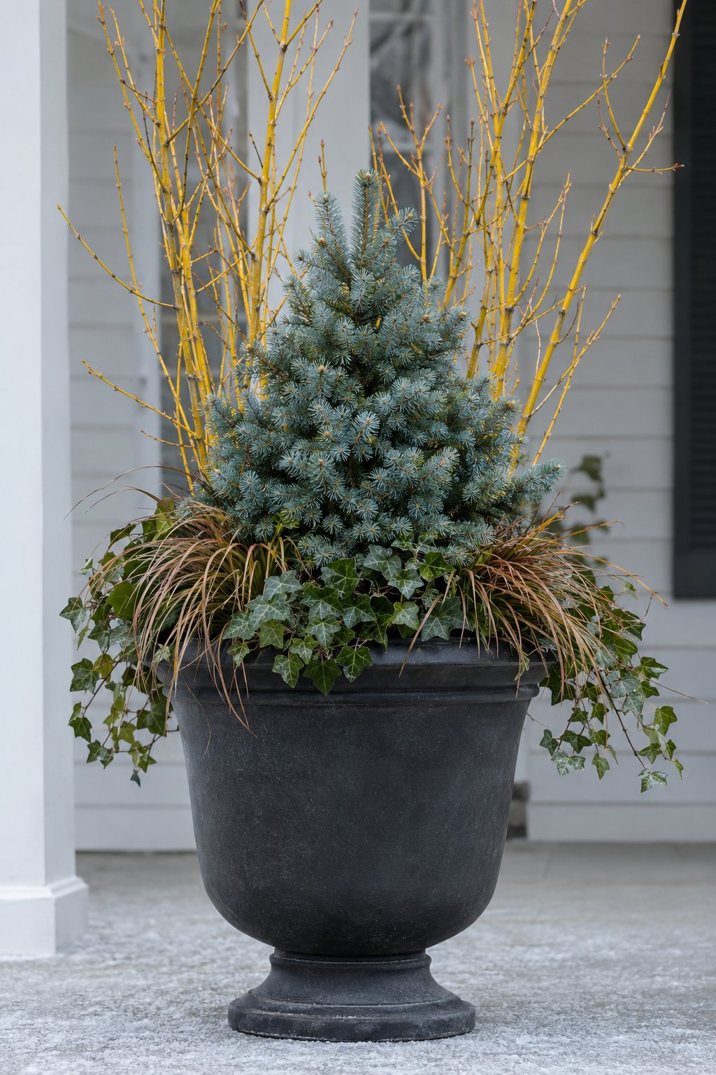 Yellow-Twig Dogwood And Blue Spruce Container